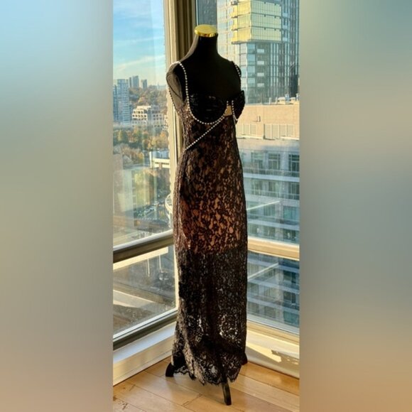 🆕 SELF-PORTRAIT 🧿 NWOT Crystal Trimmed Black Fine Lace Maxi Dress, Sz US4 UK8 - Picture 5 of 15
